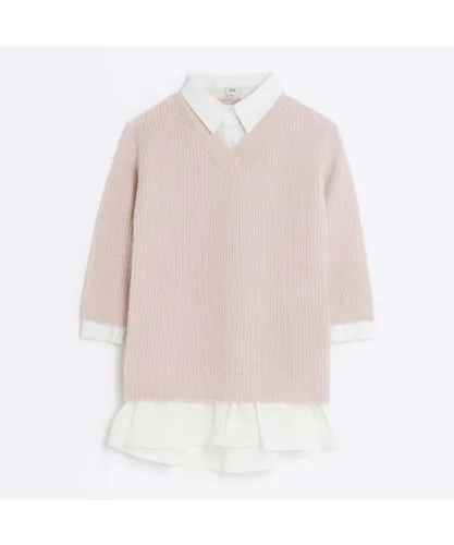 River Island Girls Shirt Jumper Dress Pink Knitted Hybrid