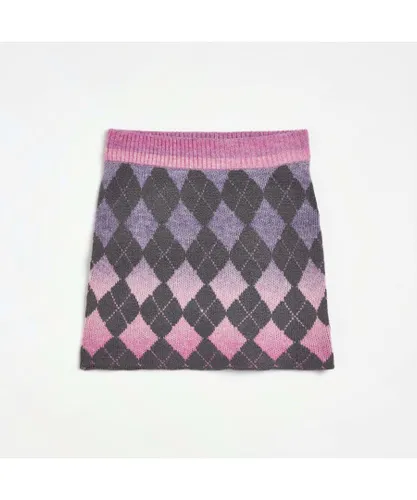 River Island Girls Skirt Purple Knit Argyle Cotton