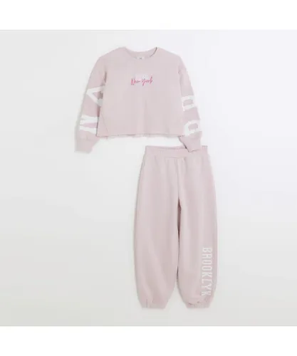 River Island Girls Sweatshirt & Joggers 2 Piece Set Pink Graphic Cotton