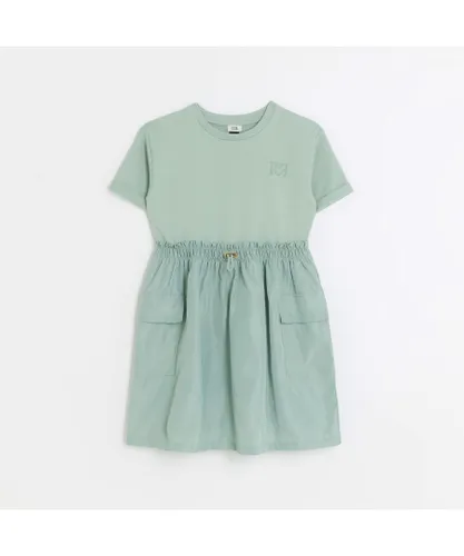 River Island Girls T-Shirt Dress Green Nylon Cargo Pocket Cotton