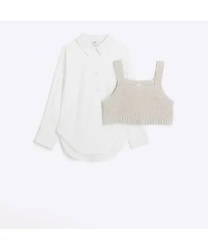 River Island Girls Top & Shirt Beige Embellished Knit Cotton