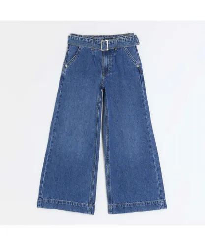 River Island Girls Wide Leg Jeans Blue Medium Denim Belted Cotton