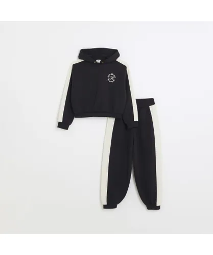 River Island Kids Girls Hoodie And Joggers Set Black Taped Cotton