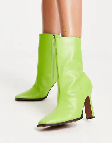 River Island leather square toe heeled boot in lime-Green
