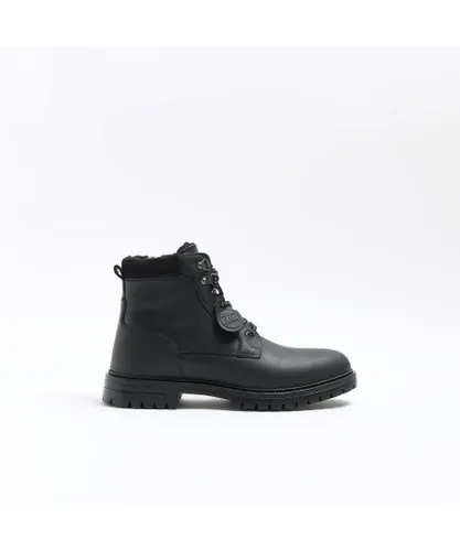 River Island Mens Boots Black Leather Padded Collar