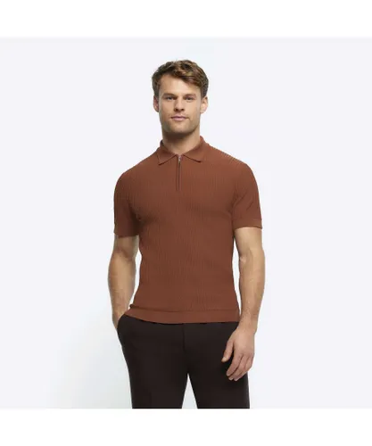 River Island Mens Polo Shirt Rust Muscle Fit Knitted Half Zip