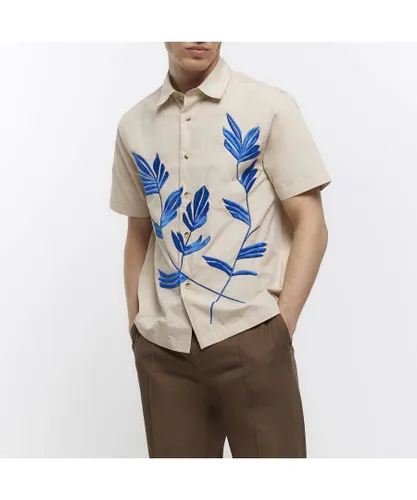 River Island Mens Shirt Stone Regular Fit Embroidered Floral Cotton