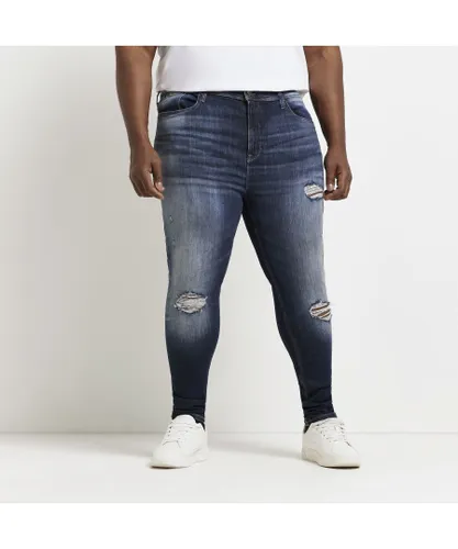 River Island Mens Skinny Jeans Big & Tall Blue Spray On Fit Rip Cotton