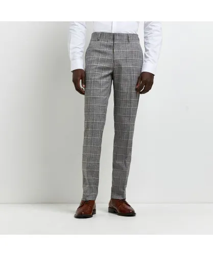River Island Mens Suit Trousers Grey Camel Grid Check Slim