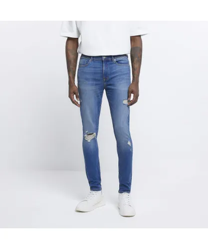 River Island Mens Super Skinny Jeans Blue Fit Ripped Cotton