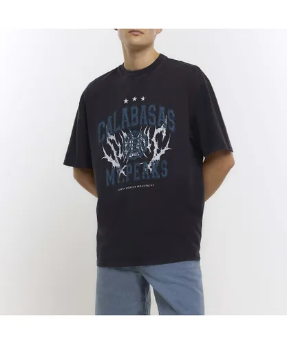 River Island Mens T-Shirt Black Oversized Fit Calabasas Graphic Cotton