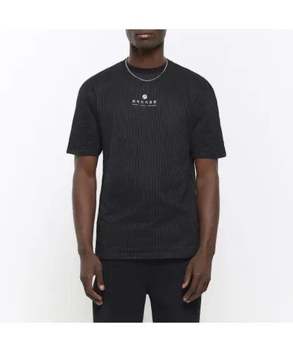River Island Mens T-Shirt Black Regular Fit Seersucker Graphic Cotton