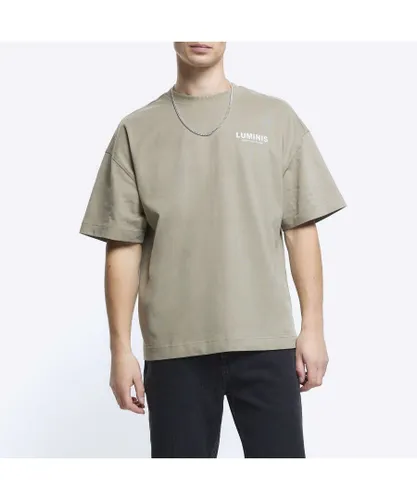 River Island Mens T-Shirt Green Regular Fit Lumiere Graphic - Khaki Cotton