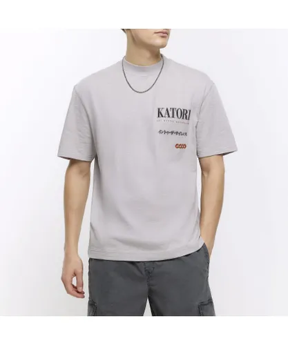 River Island Mens T-Shirt Grey Regular Fit Tiger Graphic - Light Grey Cotton