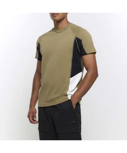 River Island Mens T-Shirt Khaki Regular Fit Colour Block Panel Cotton