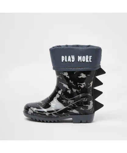 River Island Mini Boys Wellies Boots Navy Dinosaur Spike
