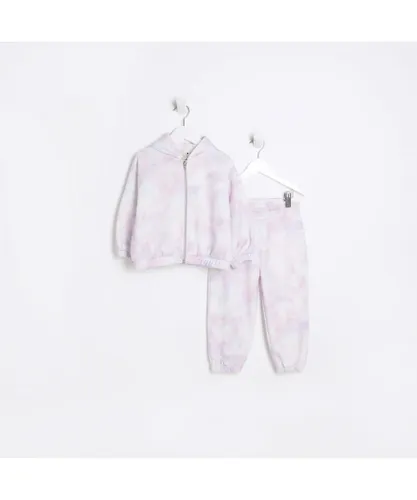 River Island Mini Girls Hoodie Tracksuit 2 Piece Set Pink Tie Dye