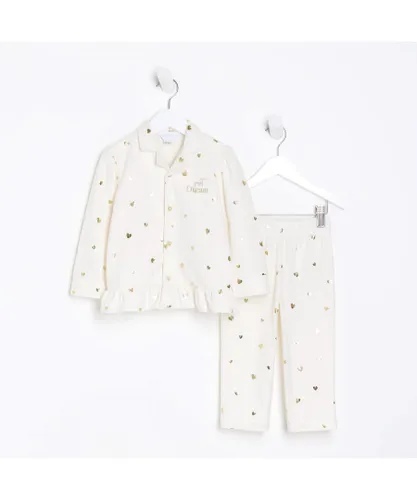 River Island Mini Girls Pyjama Set Cream Heart Print