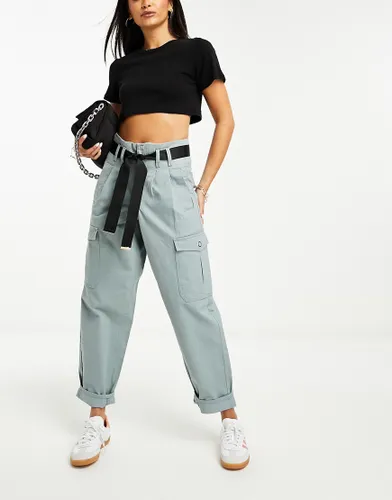 River Island paper bag belted cargo trouser in blue