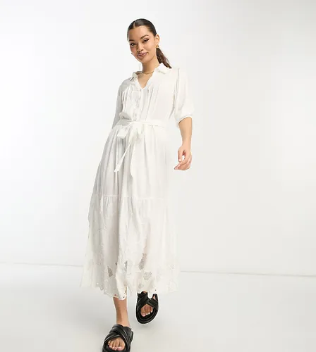 River Island Petite embroidered maxi shirt dress in white