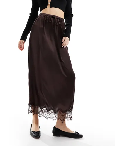 River Island satin midi skirt with lace trim in brown