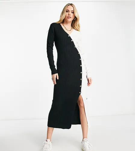 River Island Tall wrap button detail knitted midi dress in multi-Black