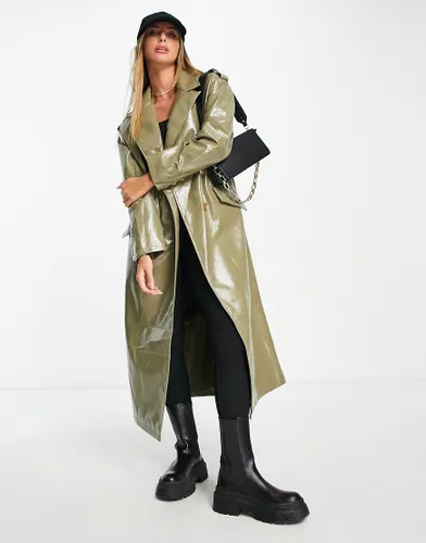 River Island vinyl coat in khaki-Green