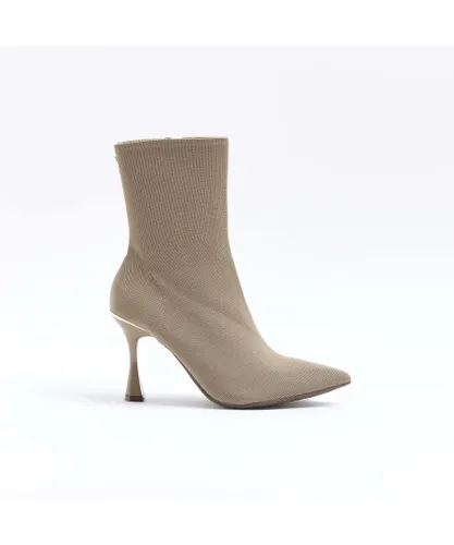 River Island Womens Ankle Boots Beige Knit Heeled Textile