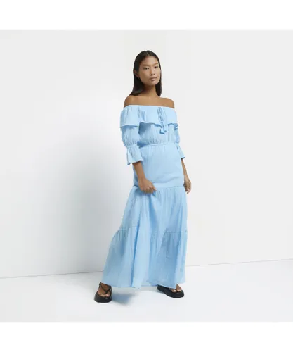 River Island Womens Bardot Maxi Dress Petite Blue Nola Cotton