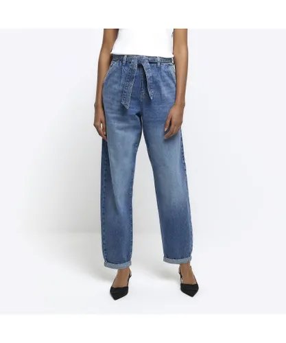 River Island Womens Barrell Jeans Blue High Waisted Belted Cotton
