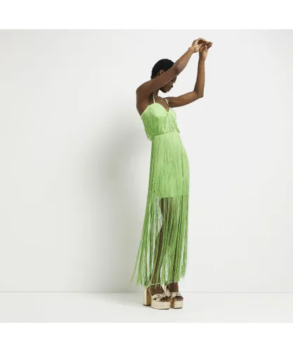 River Island Womens Bodycon Mini Dress Lime Green Fringe