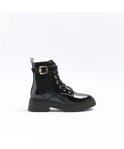 River Island Womens Boots Black Patent Buckle Lace Up Canvas