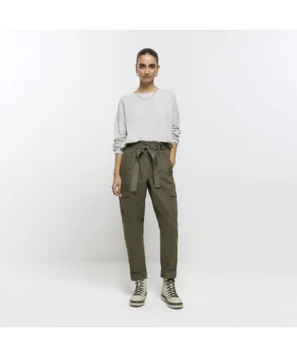 River Island Womens Cargo Trousers Khaki Belted Paperbag Cotton