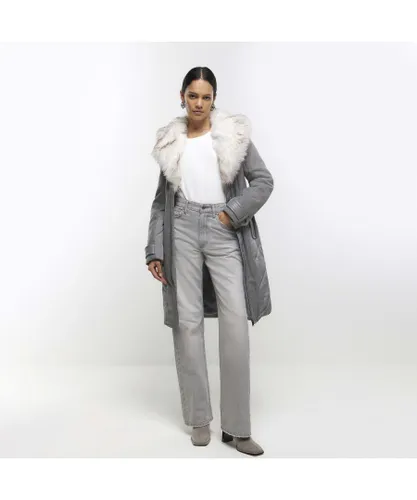 River Island Womens Jacket Grey Faux Fur Collar Belted