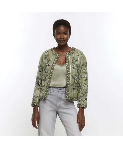 River Island Womens Jacket Khaki Quilted Embroidered Floral Cotton