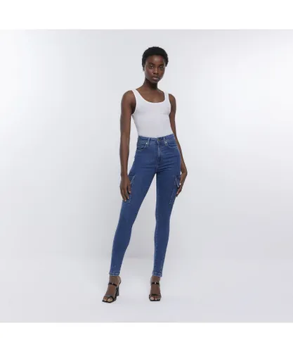 River Island Womens Jeans Blue High Waist Cargo Skinny Pants Denim