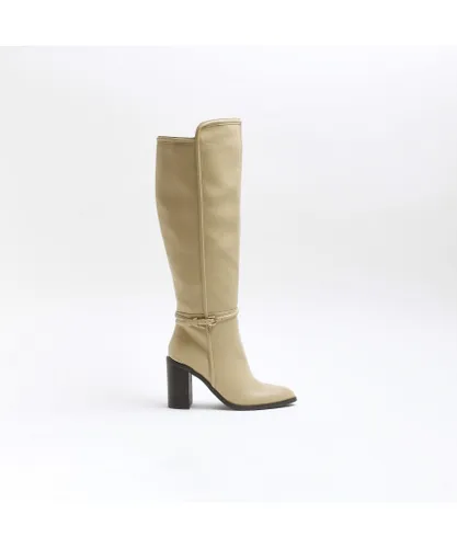 River Island Womens Knee High Boots Beige Buckle Detail Heeled Pu