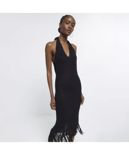 River Island Womens Knit Midi Dress Black Halter Neck