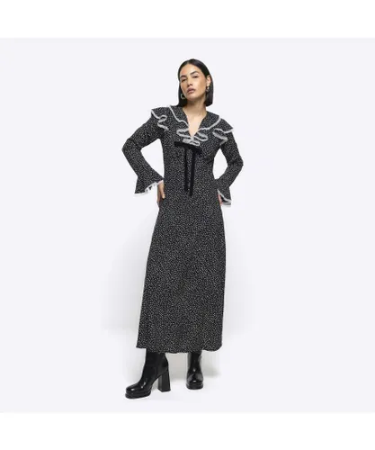 River Island Womens Maxi Dress Black Spot Frill Long Sleeve