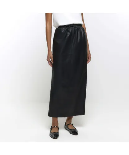 River Island Womens Maxi Skirt Black Faux Leather Elasticated Pu