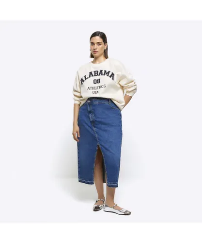 River Island Womens Maxi Skirt Plus Blue Asymmetric Waist Denim Cotton