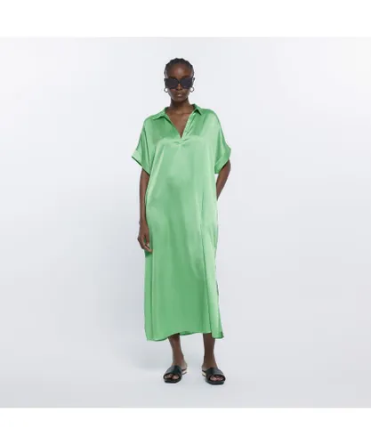 River Island Womens Midi Dress Green Shift Short Sleeve