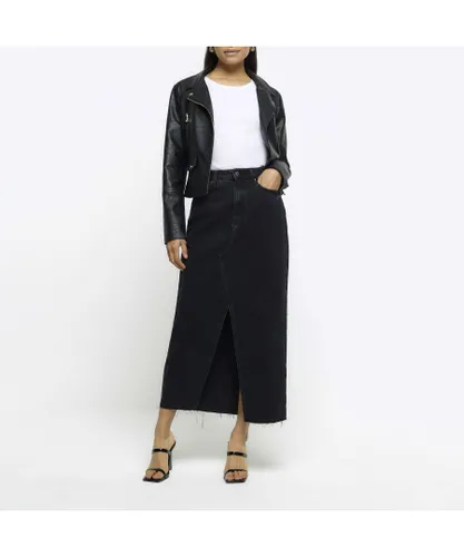 River Island Womens Midi Skirt Black Split Front Denim Cotton
