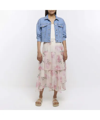 River Island Womens Midi Skirt Pink Floral Tiered