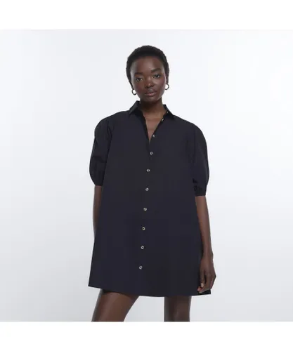 River Island Womens Mini Shirt Dress Black Short Sleeve Cotton