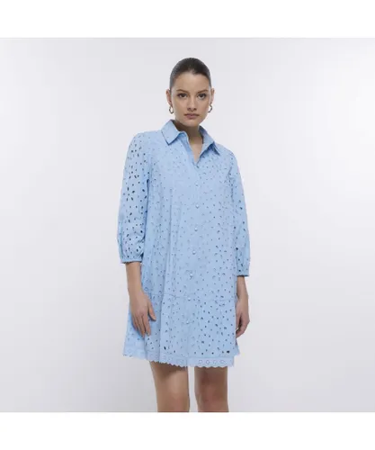 River Island Womens Mini Shirt Dress Blue Broderie Long Sleeve Cotton