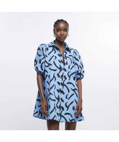 River Island Womens Mini Shirt Dress Blue Print Smock Cotton