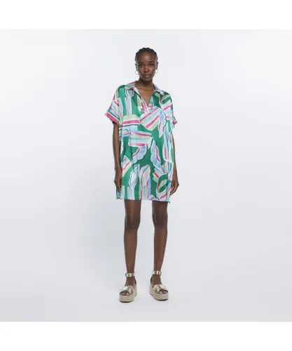 River Island Womens Mini Shirt Dress Green Abstract Print