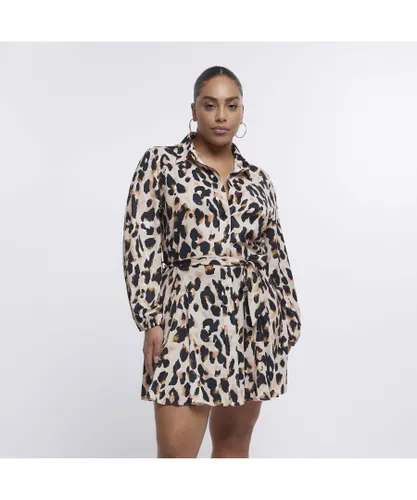 River Island Womens Mini Shirt Dress Plus Beige Leopard Print - Animal