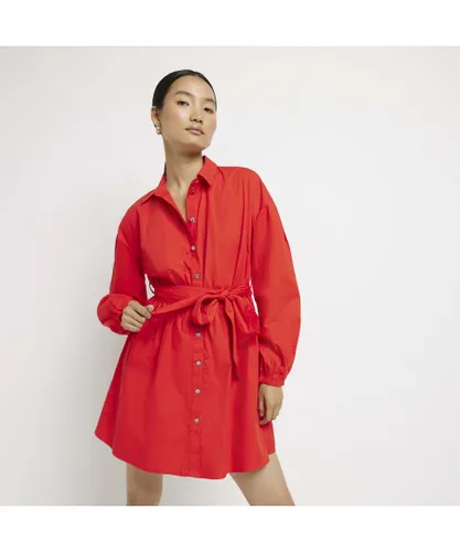 River Island Womens Mini Shirt Dress Red Tie Waist Long Sleeve Cotton